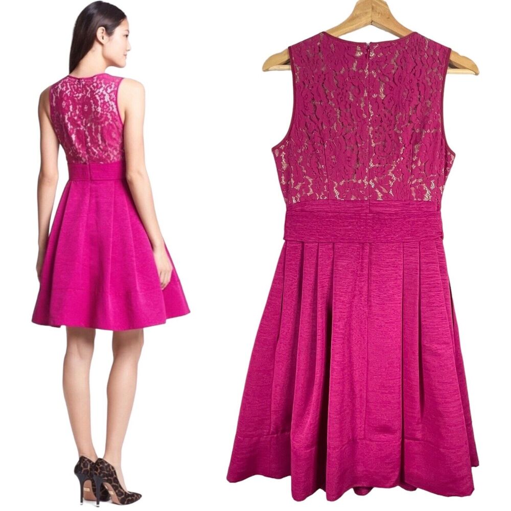 Eliza J Pink Fit & Flare Dress Lace Belted Bow Womens SIZE 2 Barbie Formal Knee - Picture 2 of 11